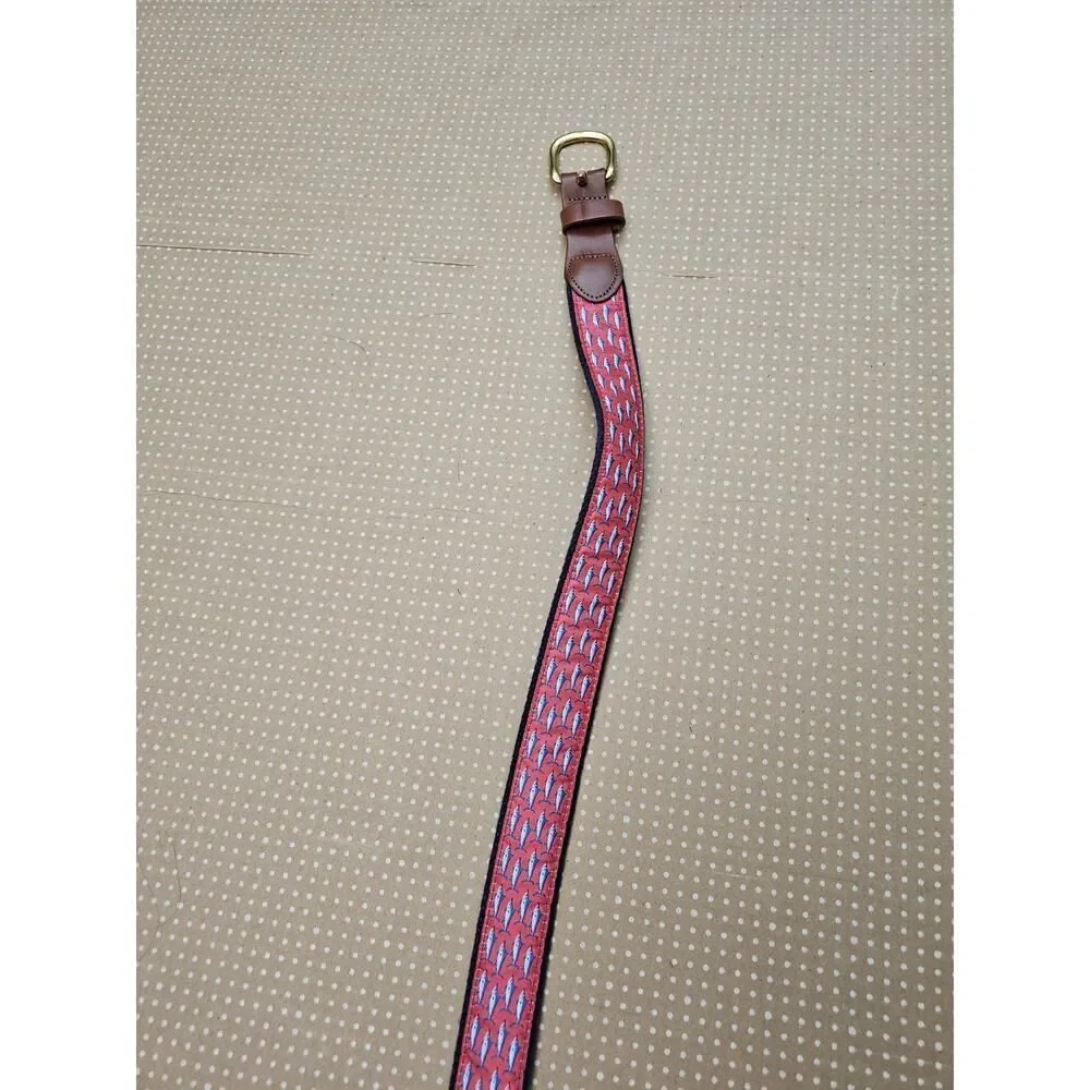 Leather Man LTD Essex CT USA Canvas Leather Fish Belt Mens Sz 32 Red Swordfish